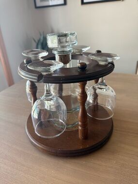 VINTAGE WINE DECANTER AND WINE GLASS HOLDER -WOODEN AND COPPER